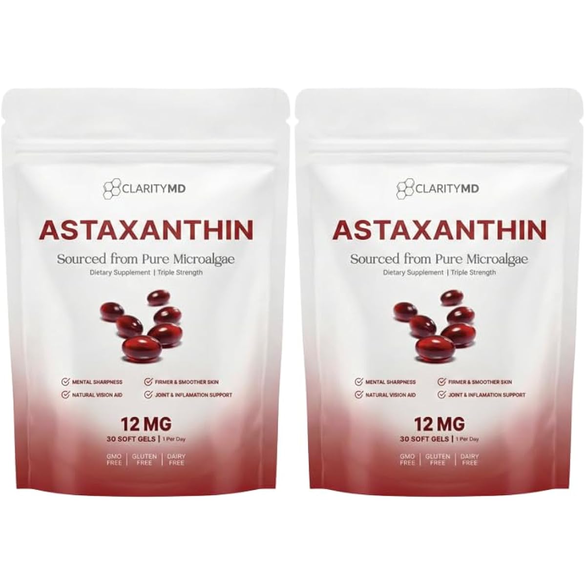Astaxanthin 12mg Antioxidants Supplement – Natural Microalgae Source – Lipid-Based Softgel for Enhanced Absorption – Cognitive, Vision & Joint Support – 30 Softgels (Pack of 2)