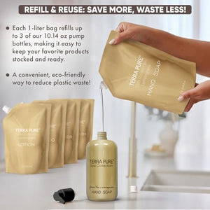 Terra Pure Spa Collection 1 Liter Body Wash Refill Bag For Soap Dispensers | Bulk Toiletries for Vacation Rentals, and Home Bathroom Showers | Green Tea Lemongrass | Set of 3