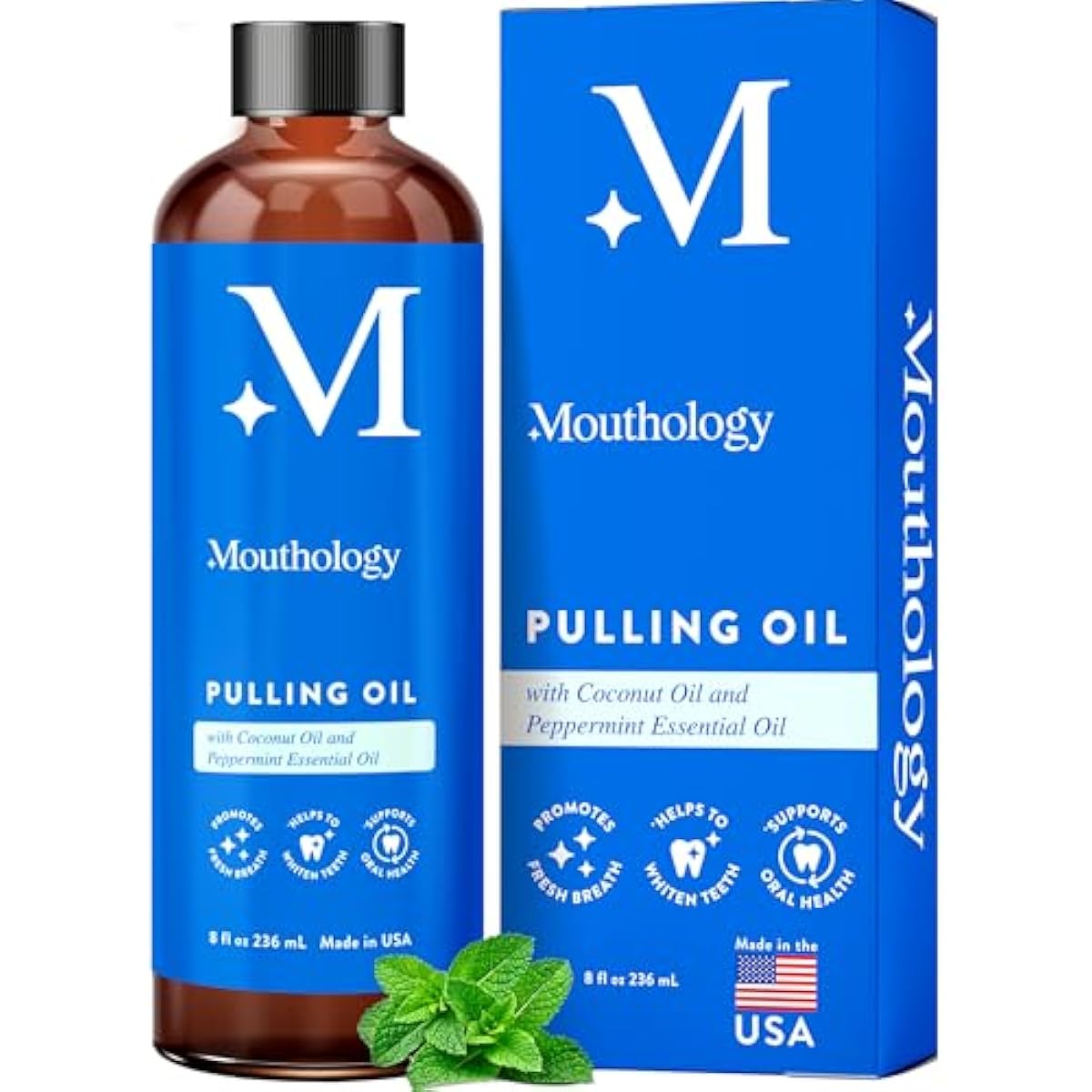 Mouthology Coconut Oil Pulling for Teeth and Gums 8oz (Made in USA), Whitening Pulling Oil Coconut Mint Mouthwash for Fresh Breath Ayurvedic Oil Pulling Mouth Gum Health Oral Care Scraper Oral Care