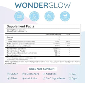 WONDERCOW Hair Skin and Nails Vitamins w/Bovine Colostrum, Collagen, Hyaluronic Acid, Biotin, Zinc, & Lactoferrin┃Supports Faster Hair Growth, Stronger Nails and Glowing Skin (30 Servings, Capsule)