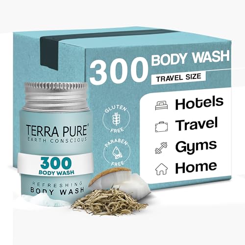 Travel Size Hotel Body Wash 300 Count 1 oz Bottles Guest Amenities for Hotels Vacation Rentals & Short Term Rentals Paraben Free White Tea & Coconut Scent Infused with Aloe and Olive Oil by Terra Pure