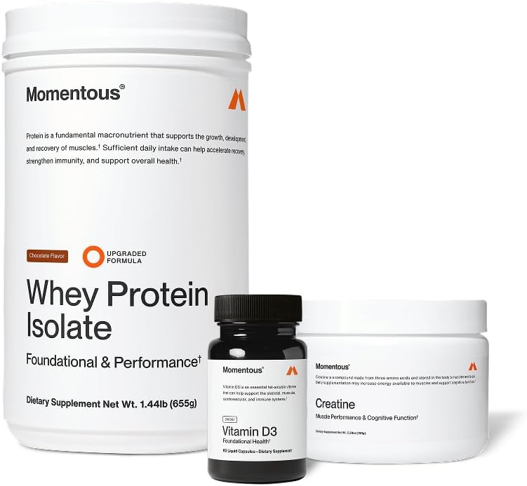 Momentous Arnold's Stack - Creatine Monohydrate Powder, Essential Grass-Fed Whey Protein Powder (Chocolate) & Vitamin D3 (2000 IU) - Daily Fundamentals to Support Muscle Strength & Longevity