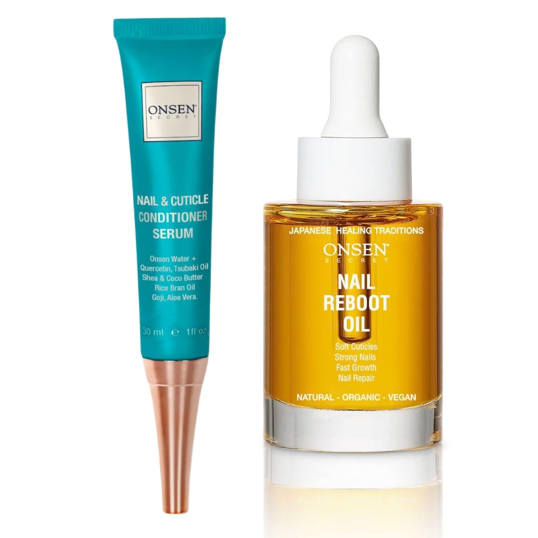 Onsen Secret Nail Reboot Duo - Treatment for Damaged Nails - Natural Nail Care & Cuticle Repair - Visible Results For Perfect Nails, Cuticle Conditioner Cream 30ml & Nail Reboot Oil 35ml