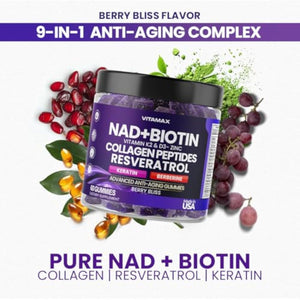NAD+, Resveratrol, Berberine, & Biotin Anti-Aging Gummy - Hair, Skin, Nails & Joint Supplement - Collagen Peptides, Keratin, Zinc, Vitamin K2 & D3 Gummies -Regeneration- Non-GMO - Made in USA 60 Count
