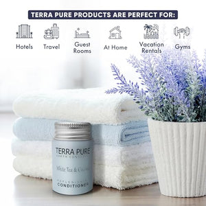 Travel Size Hotel Conditioner 100 Count 1oz Bottles Guest Amenities for Hotels Vacation Rentals & Short Term Rentals Paraben Free White Tea and Coconut Scent Infused with Aloe & Olive Oil | Terra Pure