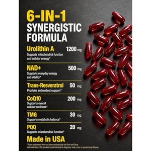 Urolithin A Supplement with Liposomal NAD+, Trans-Resveratrol, Ubiquinol, TMG, PQQ, 6-in-1 Formula for Cellular Energy & Mitochondrial Support, 120 Softgels