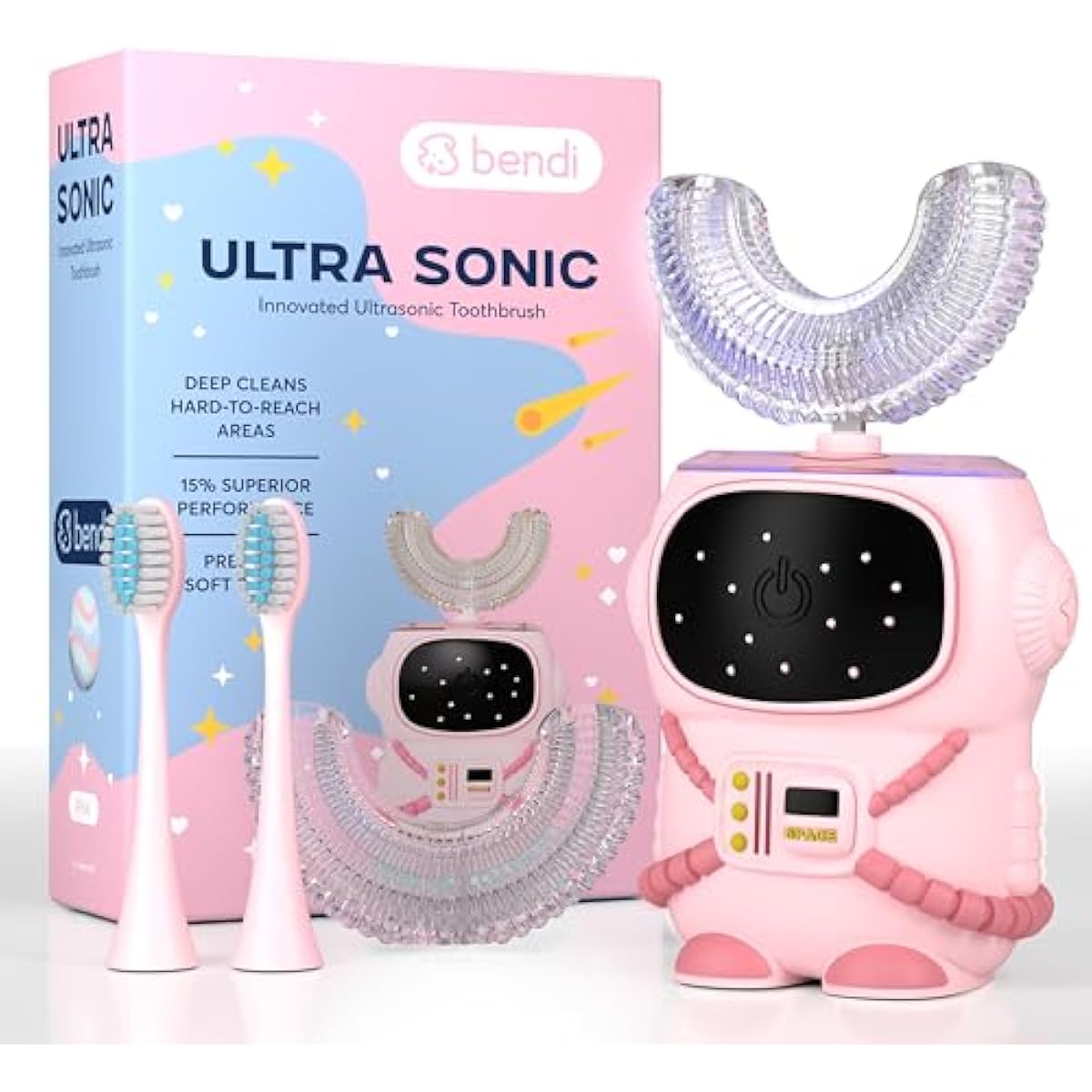 Bendi Sensory 360 Round U-Shaped Astronaut Design Mouthguard Electric Toothbrush for Kids Ages 2-7 - Automatic Memory Function - 5 Modes Toothbrush with Multiple Heads – Kids Travel Essentials (Pink)