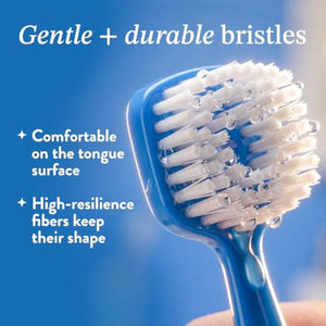 Soft Bristle Tongue Brush for Adults for Bad Breath, Halitosis & Oral Hygiene - Tongue Scraper Brush with Ergonomic Handle & Protective Cap for Easy Storage & Travel - 2 Pack