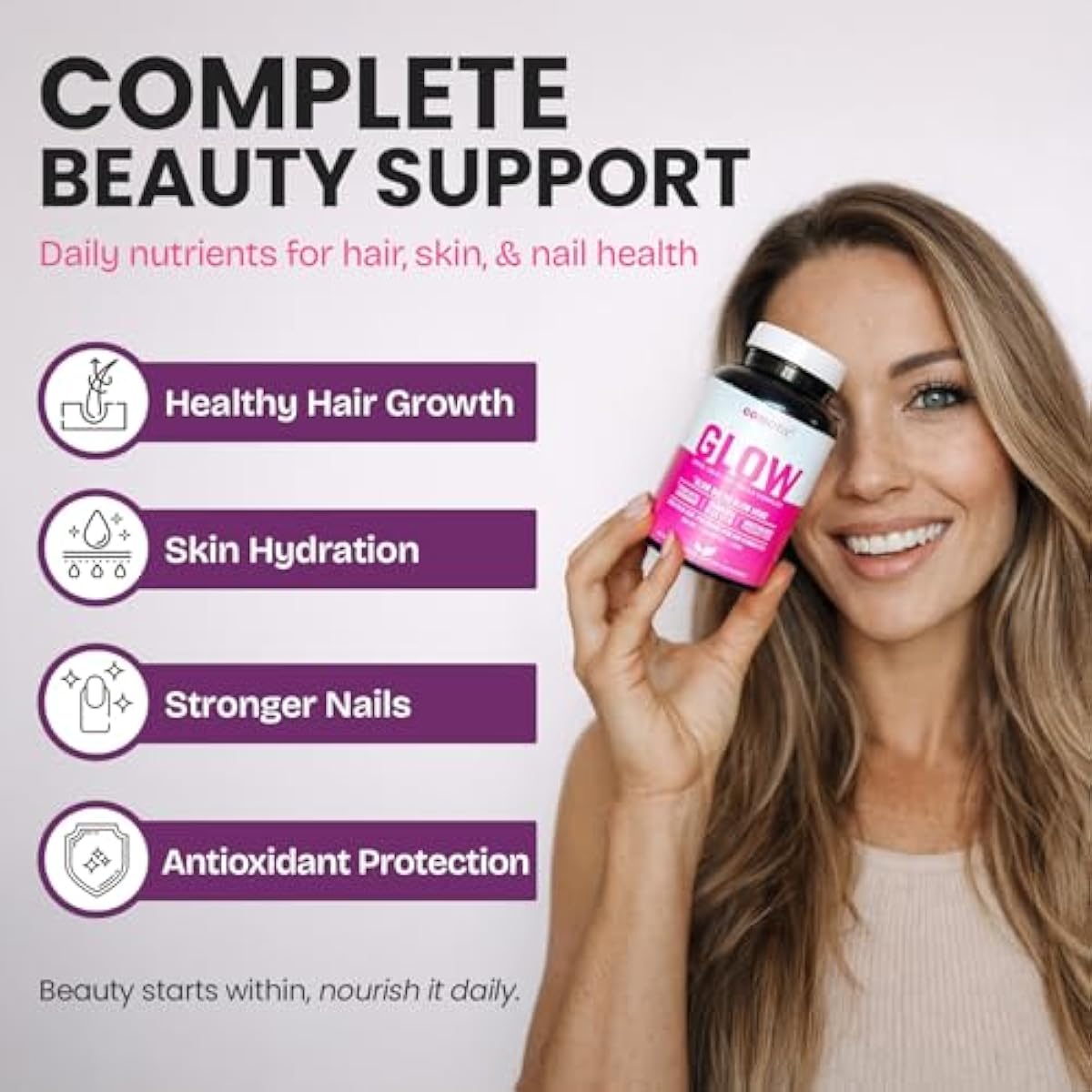 GOBIOTIX Hair Skin and Nails Vitamin Supplement - 10000mcg Biotin Pills with Hyaluronic Acid, Folate, Iron, Magnesium, and Zinc - Collagen Production, Hair Growth - 30 Servings