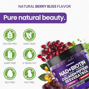 NAD+, Resveratrol, Berberine, & Biotin Anti-Aging Gummy - Hair, Skin, Nails & Joint Supplement - Collagen Peptides, Keratin, Zinc, Vitamin K2 & D3 Gummies -Regeneration- Non-GMO - Made in USA 60 Count