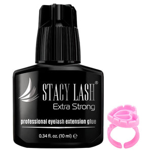 STACY LASH Extra Strong Eyelash Extension Glue (0.34fl.oz / 10ml) / 0.5-1 Sec Dry/Retention – 8 Weeks/Black Adhesive/Lash Tech Supplies + Glue Ring