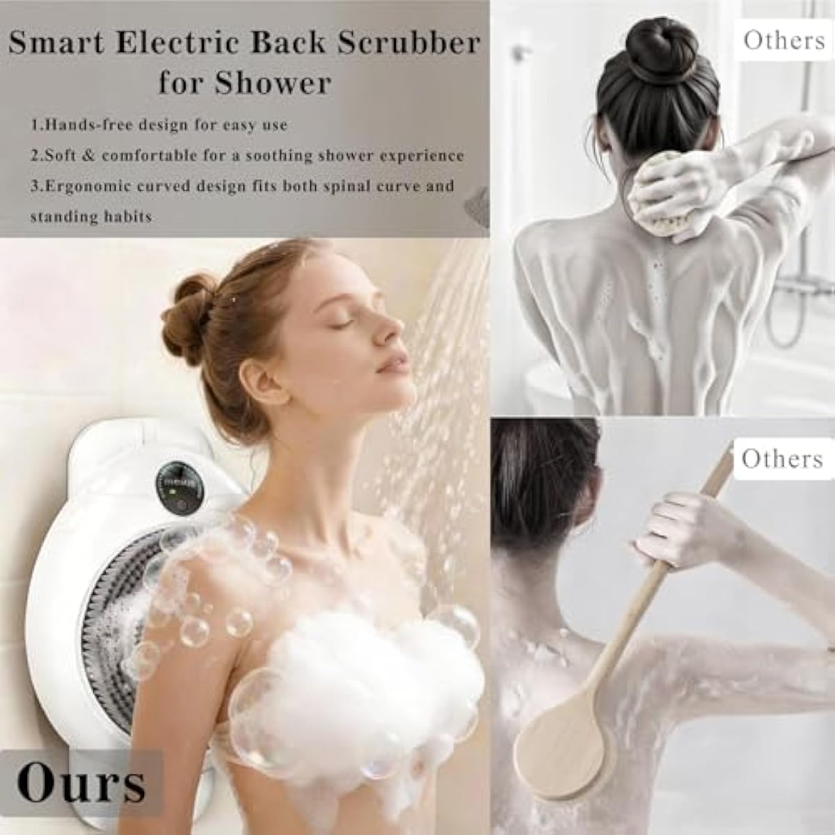 Electric Shower Back Cleaning Brush, Wall-Mounted Hands-Free Automatic Back Washer, 360° Rotating Exfoliating Body Scrubber, IPX7 Waterproof, Magnetic Charging, 3 Replaceable Heads
