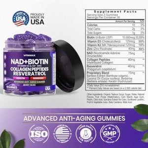 NAD+, Resveratrol, Berberine, & Biotin Anti-Aging Gummy - Hair, Skin, Nails & Joint Supplement - Collagen Peptides, Keratin, Zinc, Vitamin K2 & D3 Gummies -Regeneration- Non-GMO - Made in USA 60 Count