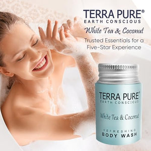 Travel Size Hotel Body Wash 300 Count 1 oz Bottles Guest Amenities for Hotels Vacation Rentals & Short Term Rentals Paraben Free White Tea & Coconut Scent Infused with Aloe and Olive Oil by Terra Pure