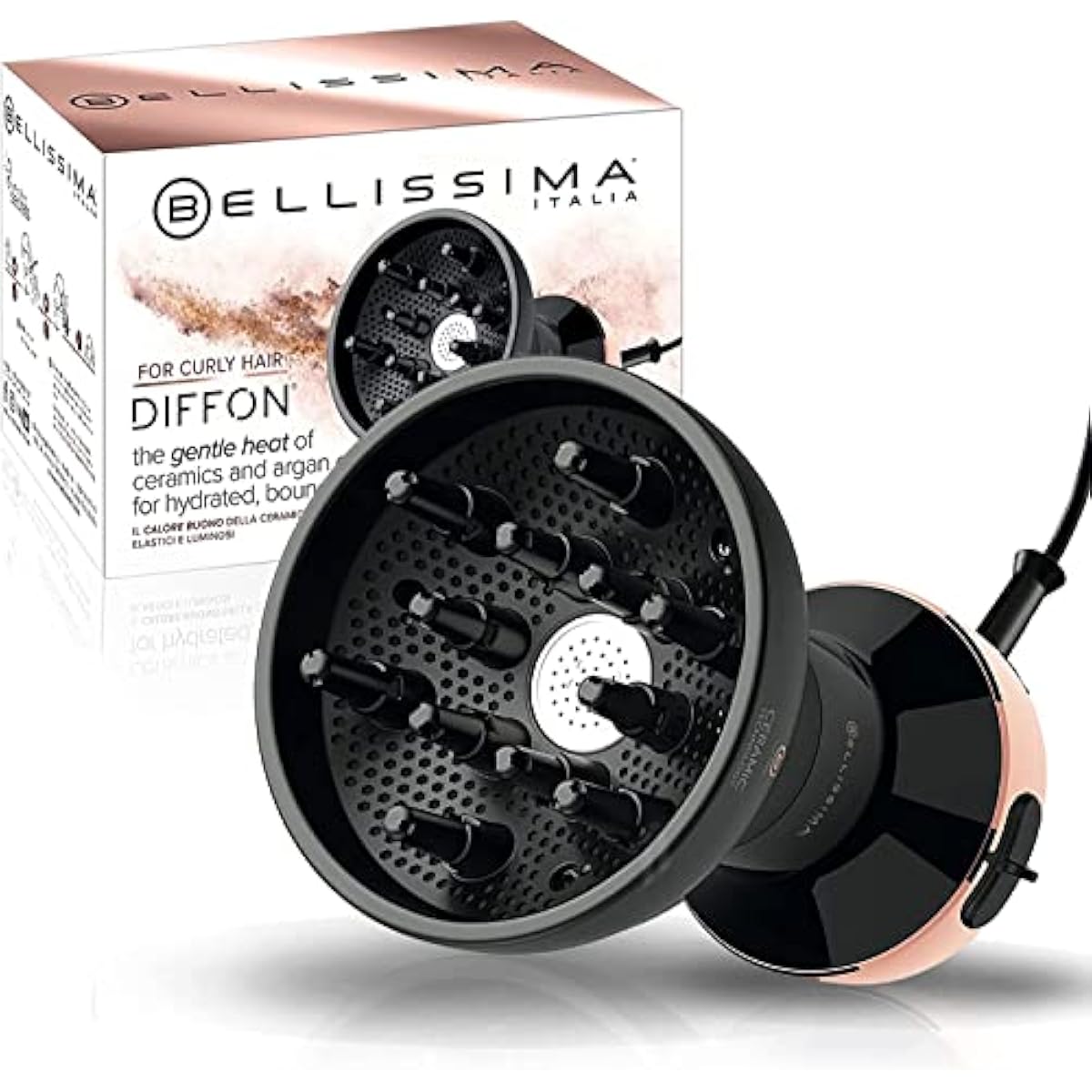 Bellissima Diffon Ceramic Diffuser Hair Dryer for Curly Hair - 2-in-1 Blow Dryer with Diffuser - Reduces Frizz, Defines Curls, Volumizes - Lightweight, Compact, Easy Hold Handle