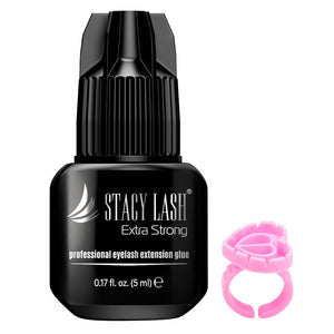 STACY LASH Extra Strong Eyelash Extension Glue (0.34fl.oz / 10ml) / 0.5-1 Sec Dry/Retention – 8 Weeks/Black Adhesive/Lash Tech Supplies + Glue Ring