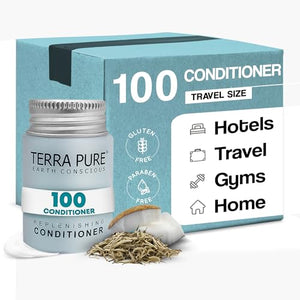Travel Size Hotel Conditioner 100 Count 1oz Bottles Guest Amenities for Hotels Vacation Rentals & Short Term Rentals Paraben Free White Tea and Coconut Scent Infused with Aloe & Olive Oil | Terra Pure