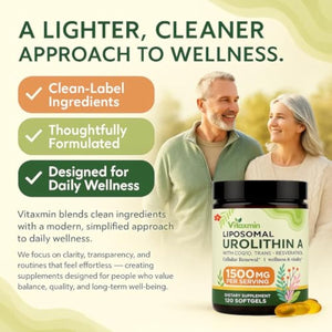 Urolithin A Dietary Supplement 1500mg with CoQ10 and Resveratrol, Liposomal Softgels for Adults, 120 Count, 60 Day Supply