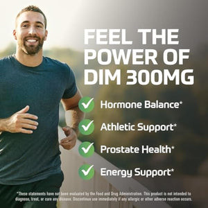 DIM Supplement for Men 300mg | Estrogen Blocker & Aromatase Inhibitor | Extra Strength Men’s Hormone Balance & Fitness Booster with Diindolylmethane Plus CDG & Broccoli Floret | Gluten-Free | 60 Ct