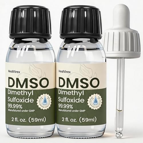 99.99% Pure DMSO Liquid - 2-Pack (2 fl oz Each) High Purity Dimethyl Sulfoxide Solvent - Crystal Clear Glass Bottles with Separate Dropper - Low Odor