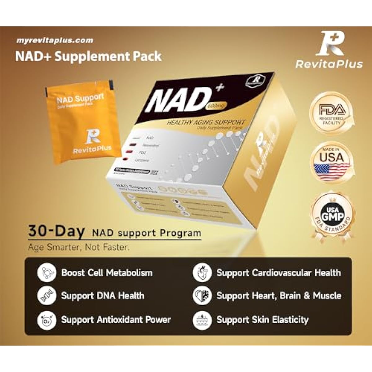 NAD Supplement with Resveratrol, PQQ,Ca-AKG,Nicotinamide,Green Tea, Advanced NAD+ Supplement Daily Pack Support Healthy Mitochondria,Healthy Aging and Cellular Energy for Women & Men 30 Packs