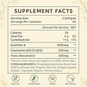 Urolithin A Dietary Supplement 1500mg with CoQ10 and Resveratrol, Liposomal Softgels for Adults, 120 Count, 60 Day Supply