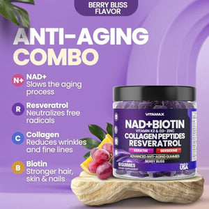 NAD+, Resveratrol, Berberine, & Biotin Anti-Aging Gummy - Hair, Skin, Nails & Joint Supplement - Collagen Peptides, Keratin, Zinc, Vitamin K2 & D3 Gummies -Regeneration- Non-GMO - Made in USA 60 Count