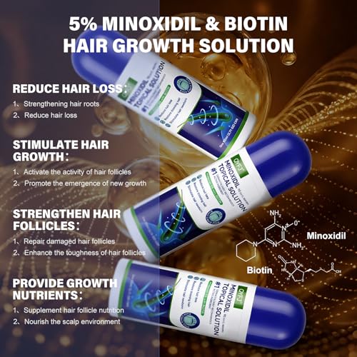 3 Pack 5% Minoxidil for Men and Women,Minoxidil Beard and Hair Growth Serum(Biotin-Infused) with Sponge Applicator for Thinning Hair and Sparse Beards,4-Month Supply 3 x 2.7 FL OZ