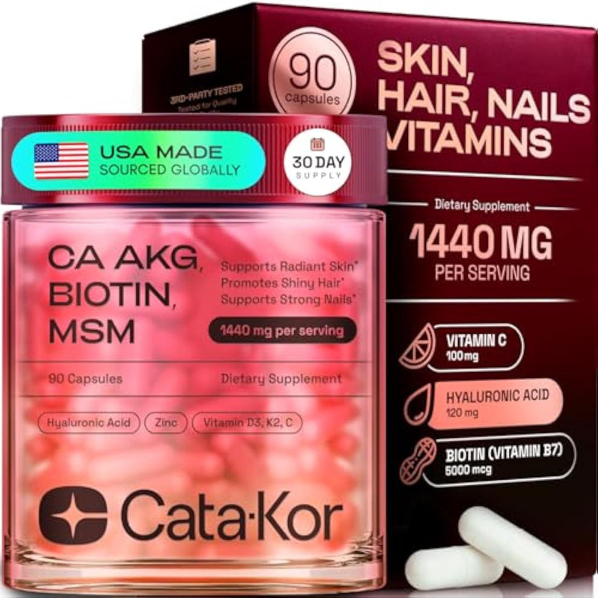 Hair Skin and Nails Vitamins for Women – Biotin Collagen Hair Supplement | Hyaluronic Acid | Calcium AKG | MSM | Vitamin D3 K2 & C – Hair Growth Vitamins for Women – 30 Day Supply (1 Pack)