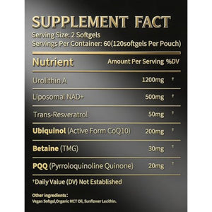 Urolithin A Supplement with Liposomal NAD+, Trans-Resveratrol, Ubiquinol, TMG, PQQ, 6-in-1 Formula for Cellular Energy & Mitochondrial Support, 120 Softgels