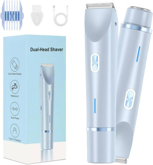 Bikini Trimmer for Women-2 in 1 Dual Head Bikini Shaver & Body Shaver,IPX7 Cordless & Waterproof Electric Shaver Wet & Dry Use,Painless Hair Removal,Ceramic Blade, Ultra Low Silent(Blue)