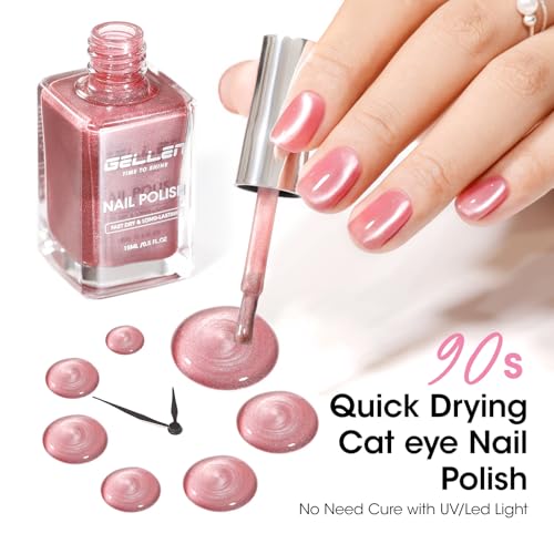 GELLEN Quick Dry Cat Eye Nail Polish, Magnetic Pink Fingernail Polish, Fast Drying Glitter Holographic Nail Polish Non Gel with Magnet Tool, DIY Salon Home