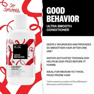 IGK GOOD BEHAVIOR Ultra Smooth Shampoo & Conditioner Set + Travel Size Packettes | Frizz Control + Shine | Vegan + Cruelty-Free | 8 oz (Pack of 2)