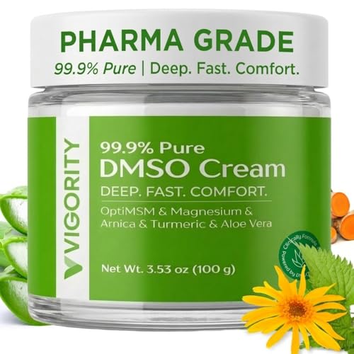 Vigority DMSO Cream 99.9% Pure for Topical Joint, Muscle Comfort - DMSO Pharmaceutical Grade Cream with Arnica, Magnesium, Turmeric, OptiMSM, Aloe Vera 3.53oz