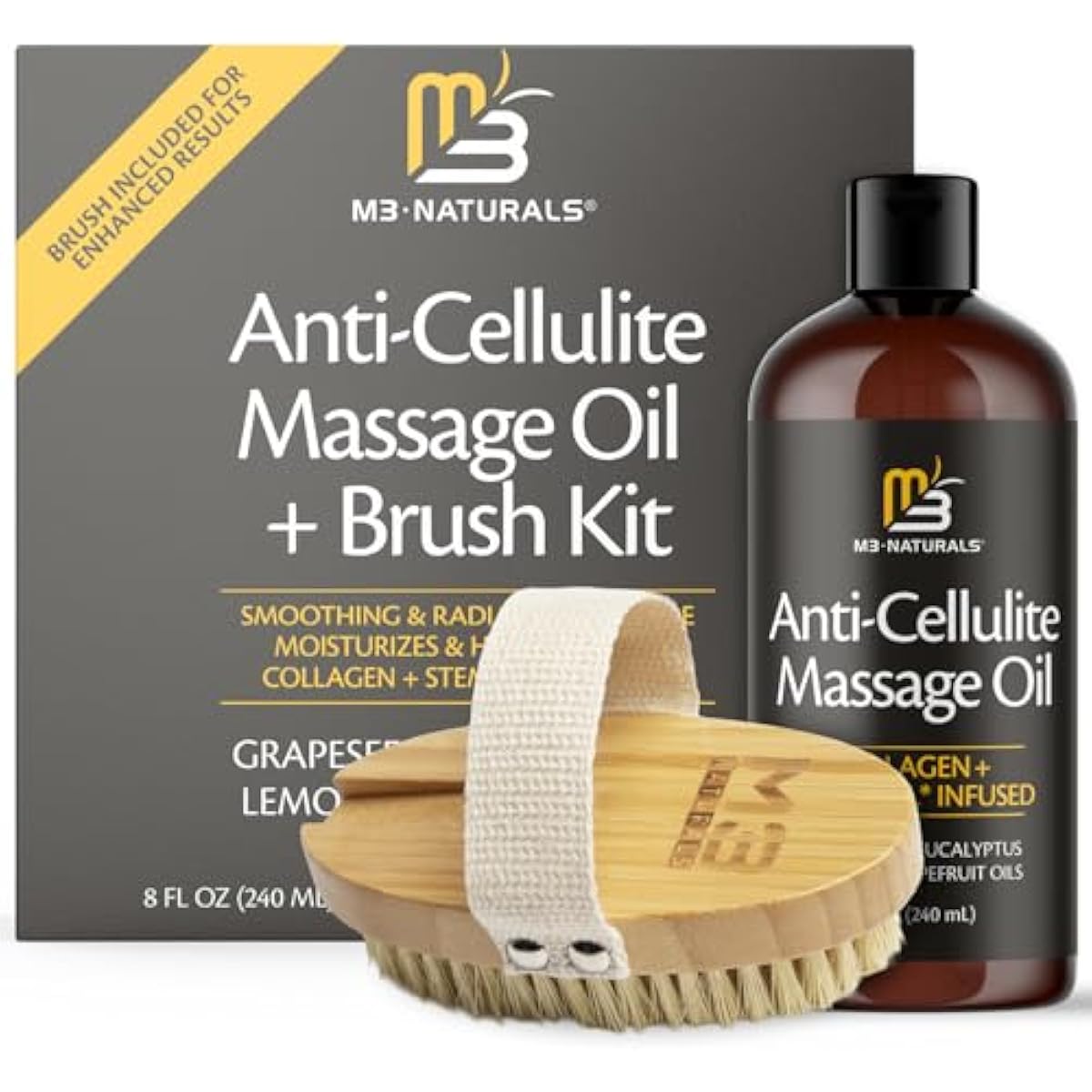 Anti Cellulite Massage Oil and Firm Dry Brush Kit | Collagen & Stem Cell Skin Tightening Kit | Radiant Body Care Kit for Women by M3