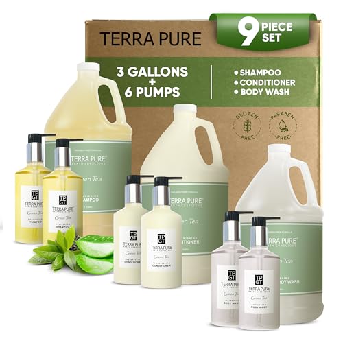 Terra Pure Gallon & Dispenser Set | 1-Shoppe All-In-Kit | Shampoo Conditioner Body Wash Gallon | Refillable 10.14 oz. Matching Pump Bottles