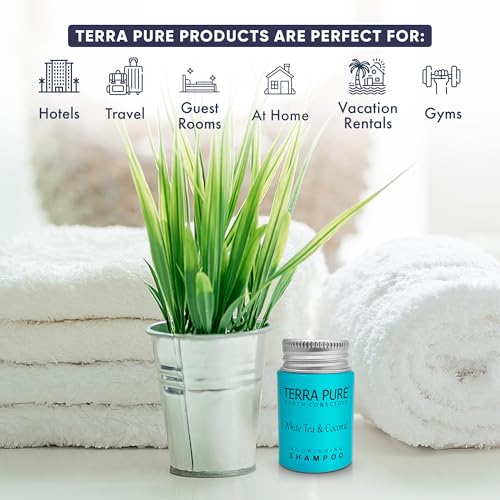 Travel Size Hotel Shampoo 100 Count 1 oz Bottles Guest Amenities for Hotels Vacation Rentals and Short Term Rentals Paraben Free White Tea and Coconut Scent Infused with Aloe & Olive Oil by Terra Pure