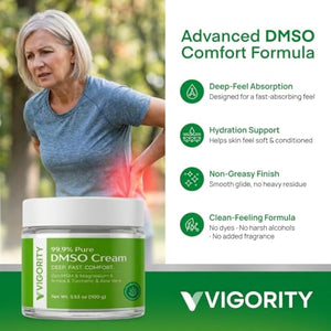 Vigority DMSO Cream 99.9% Pure for Topical Joint, Muscle Comfort - DMSO Pharmaceutical Grade Cream with Arnica, Magnesium, Turmeric, OptiMSM, Aloe Vera 3.53oz