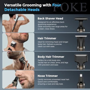 Back Shaver for Men, Ultra-Wide 2" T-Shaped Head, Travel Case, LED 4 in 1 Mens Back Shaver Rechargeable with Long Handle, Safety Lock, IPX7, Multi-Functional Back Trimmer for Men, (Flat Black)