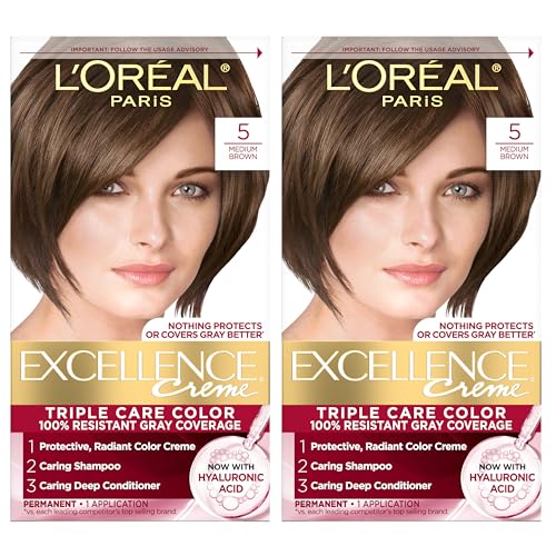 L'Oreal Paris Excellence Crème Permanent Hair Dye, Triple Care Hair Color with Hyaluronic Acid for 100% Gray Coverage, 5 Medium Brown, 1 Kit (Pack of 2) (Packaging May Vary)