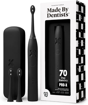 Made by Dentists PRO‑X Sonic Electric Toothbrush for Adults – Dentist‑Designed Whitening Rechargeable Toothbrush, 9 x More Plaque Removal, 70 Day Battery, 3 Modes, Travel Case & Extra Heads, Black