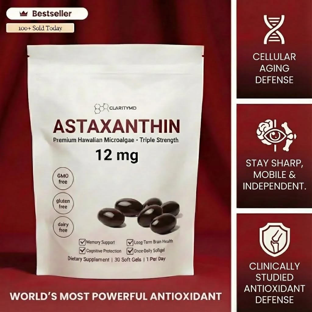 Astaxanthin 12mg Antioxidants Supplement – Natural Microalgae Source – Lipid-Based Softgel for Enhanced Absorption – Cognitive, Vision & Joint Support – 30 Softgels (Pack of 2)