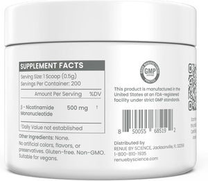 Renue By Science NMN Powder | 100g Fast Dissolve Powder Supplement | 500mg Nicotinamide Mononucleotide per Serving | Manufactured in the USA Third-Party Tested