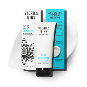 Stories & Ink Daily Moisturizer for Healed Tattoos, Anti Fade Body Lotion with UVA and UVB Filters, Hydrates and Helps Prevent Tattoo Fading, Vegan Tattoo Care, 6.8 Fl Oz / 200ml