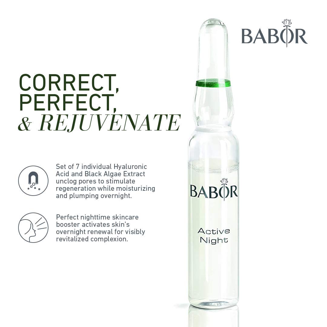 BABOR Active Night Ampoule Serum Concentrates, Hyaluronic Acid Serum, Hydrating Night Treatment, for Dry and Damaged Skin, Vegan, 0.28 oz.