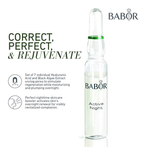 BABOR Active Night Ampoule Serum Concentrates, Hyaluronic Acid Serum, Hydrating Night Treatment, for Dry and Damaged Skin, Vegan, 0.28 oz.