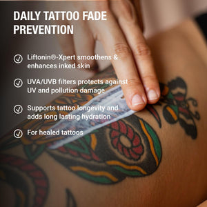 Stories & Ink Daily Moisturizer for Healed Tattoos, Anti Fade Body Lotion with UVA and UVB Filters, Hydrates and Helps Prevent Tattoo Fading, Vegan Tattoo Care, 6.8 Fl Oz / 200ml