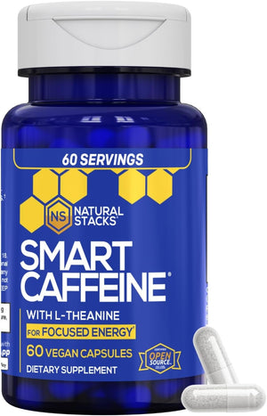 NATURAL STACKS Smart Caffeine Pills - 100mg Caffeine + 200mg L-Theanine Supplement - Supports Energy and Focus - No Jitters and No Crash - 60 Capsules