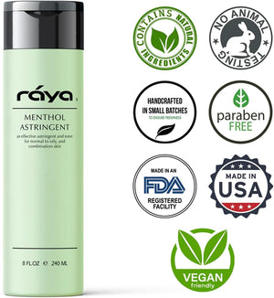 RAYA Menthol Astringent 8 oz (203) | Effective Facial Toner for Combination and Partially Oily Skin Prone to Break-Outs | Helps Refine, Tighten, and Protect pH Balance | Cools, Refreshes and Soothes