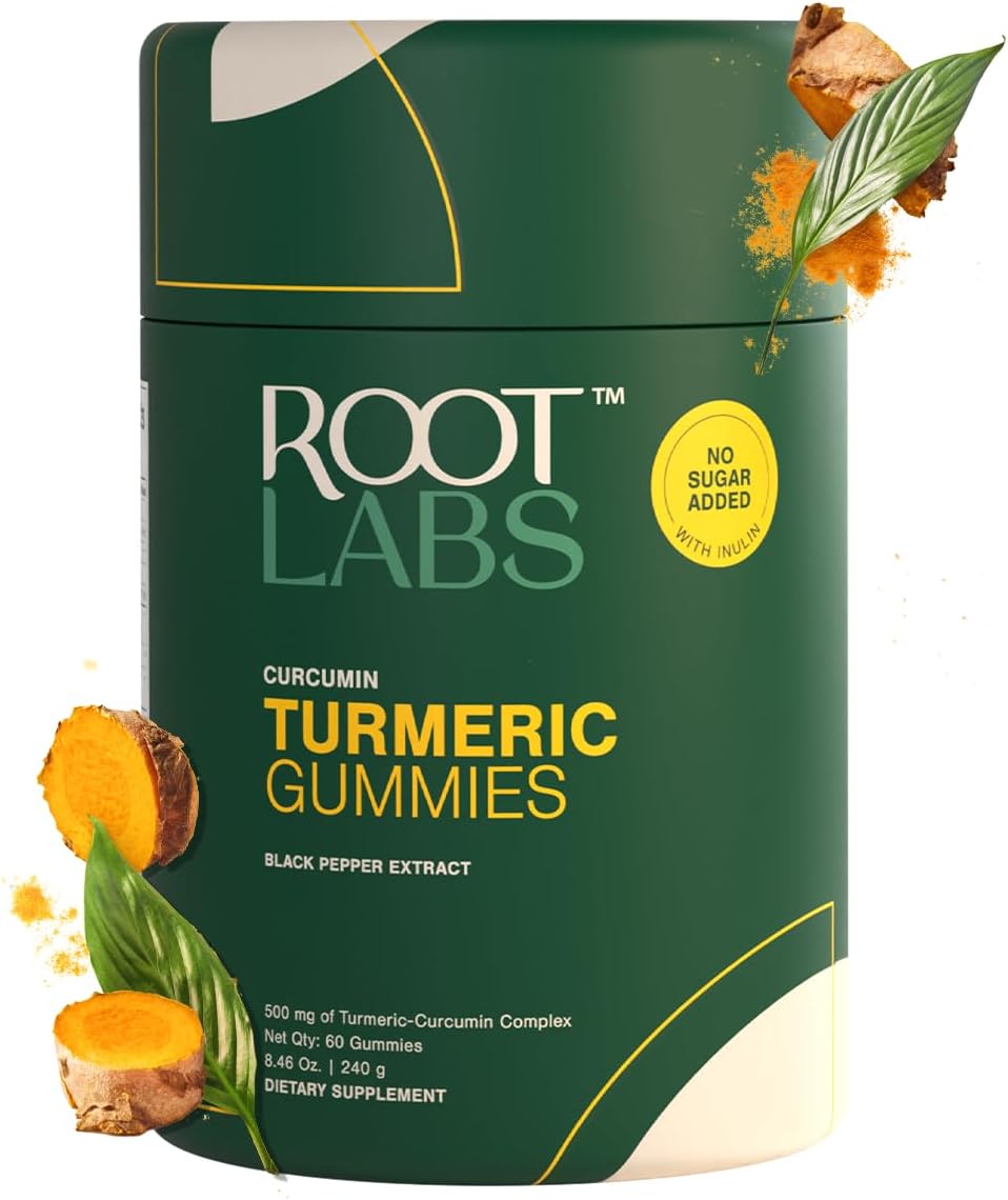 ROOT LABS Turmeric Gummies I No Added Sugar I 95% Curcumin & Black Pepper Extract I for Adults & Children I Non-GMO I 100% Natural & Organic I Third Party Tested I 500 mg I 60 Gummy